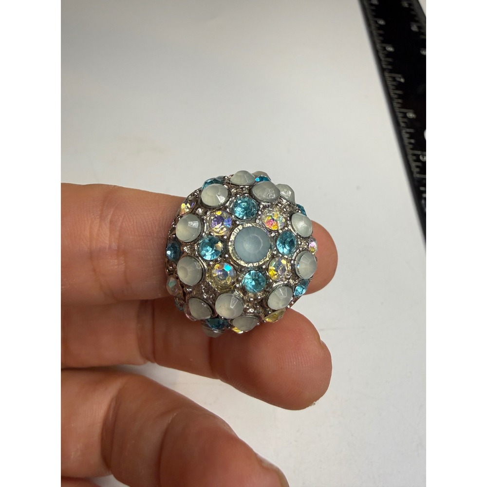 Silver Tone Multi Color Rhinestone Cabochon Dome Cocktail Ring Size 7.5